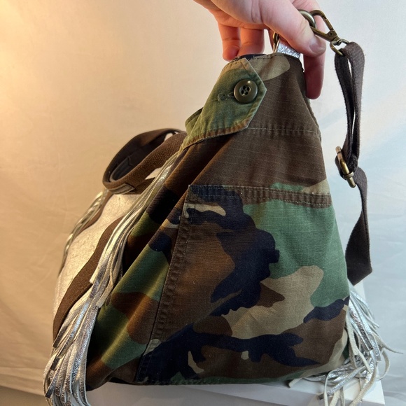 Silver Fringed Leather with Camo Fabric Hybrid Bag - Picture 7 of 16
